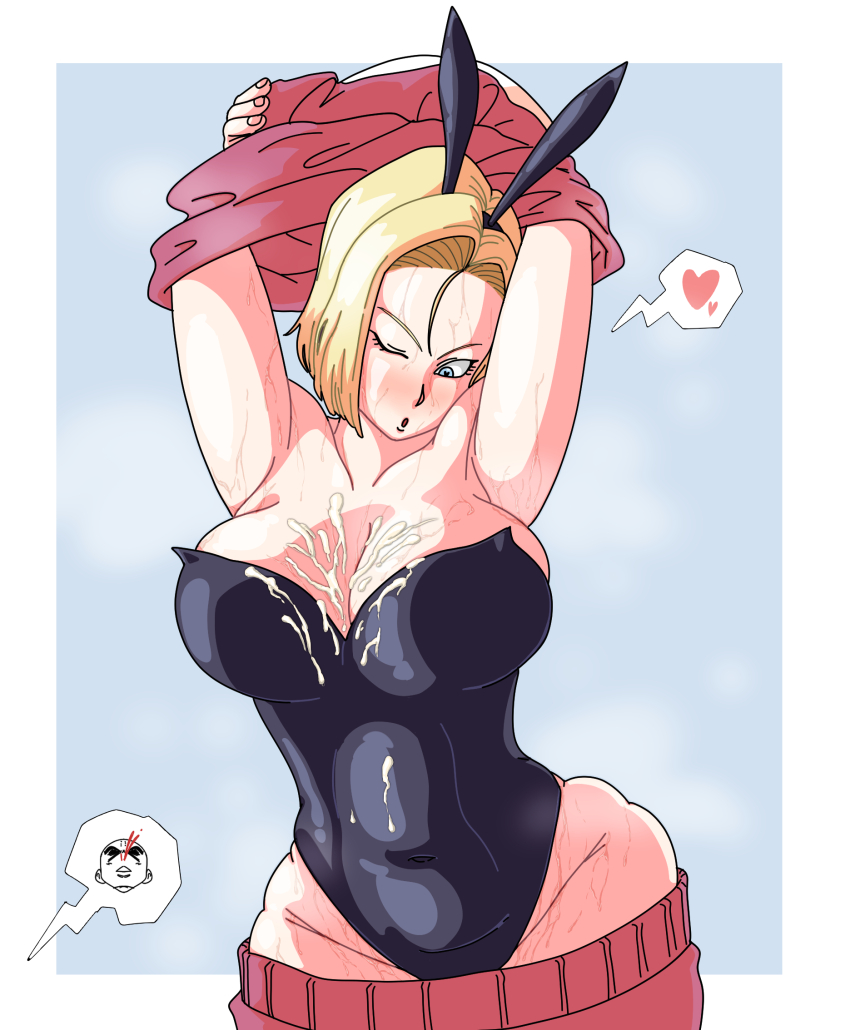 1girl android_18 blonde_hair breasts cum cum_on_body cum_on_breasts cum_on_upper_body dragon_ball dragonball_z highres kuririn large_breasts