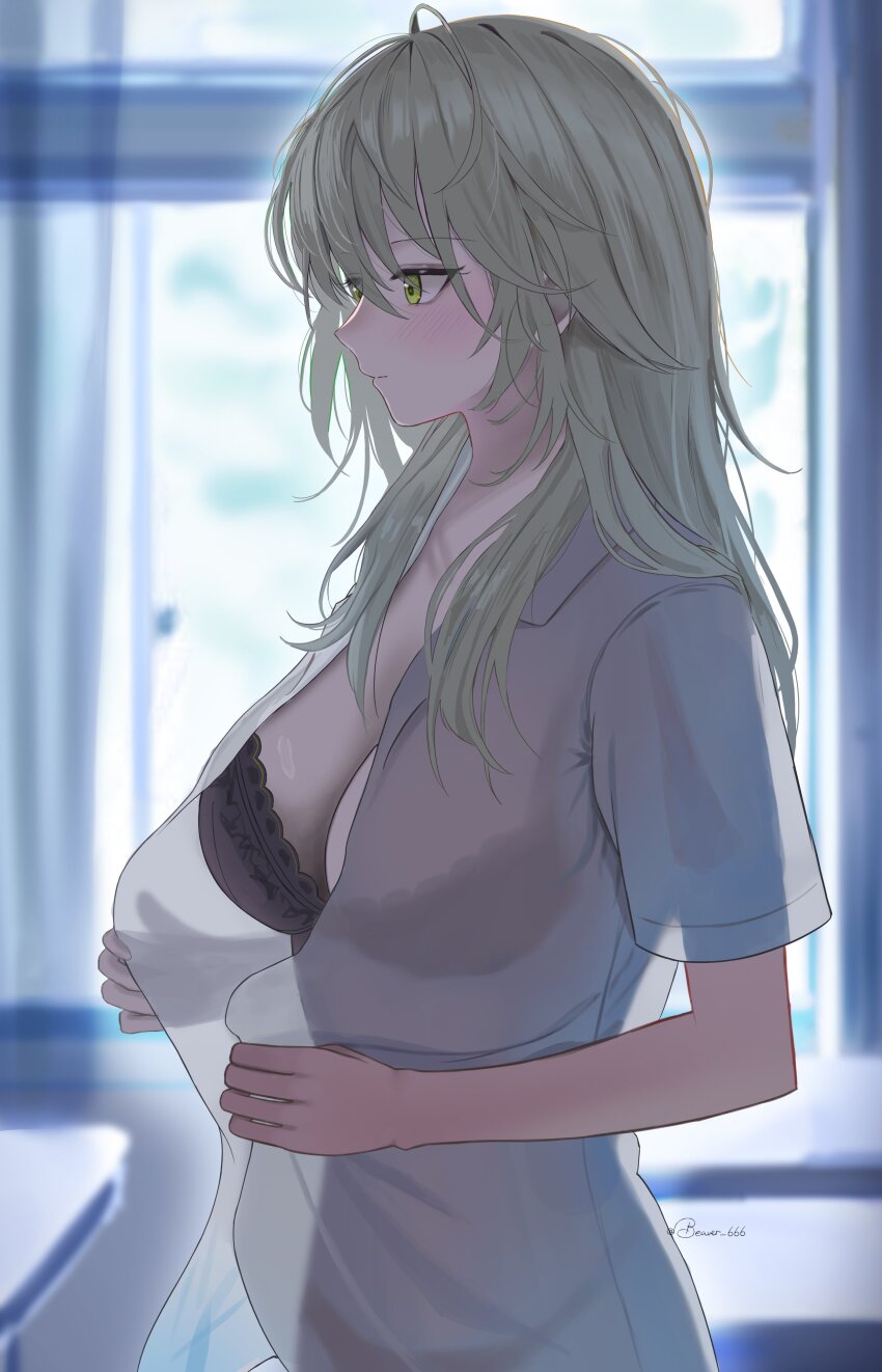 1girl absurdres alternate_costume black_bra bra breasts cleavage closed_mouth collared_shirt commentary_request day dubeaduver green_eyes green_hair highres honkai:_star_rail honkai_(series) indoors large_breasts long_hair looking_at_viewer see-through_clothes see-through_shirt shirt short_sleeves solo standing stelle_(honkai:_star_rail) trailblazer_(honkai:_star_rail) underwear upper_body white_shirt