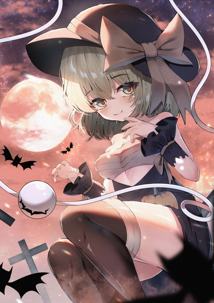 1girl absurdres bandages bare_shoulders bat_(animal) black_hat black_skirt black_thighhighs blush bow breasts chest_sarashi commentary_request cross dfra eyeball fangs fog full_moon green_eyes green_hair halloween hat hat_bow heart heart-shaped_pupils highres komeiji_koishi looking_at_viewer moon night night_sky outdoors pumpkin sarashi skirt sky smile solo star_(sky) starry_sky string symbol-shaped_pupils thighhighs third_eye touhou wrist_cuffs