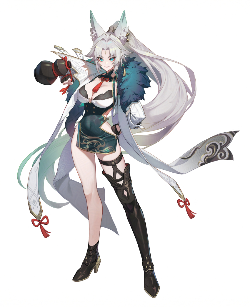 absurdres alternate_costume animal_ears asymmetrical_footwear breasts cleavage covered_navel f.k_(hs225kr) feixiao_(honkai:_star_rail) fox_ears fox_girl gradient_hair green_eyes grey_hair high_ponytail highres honkai:_star_rail honkai_(series) large_breasts long_hair looking_at_viewer multicolored_hair