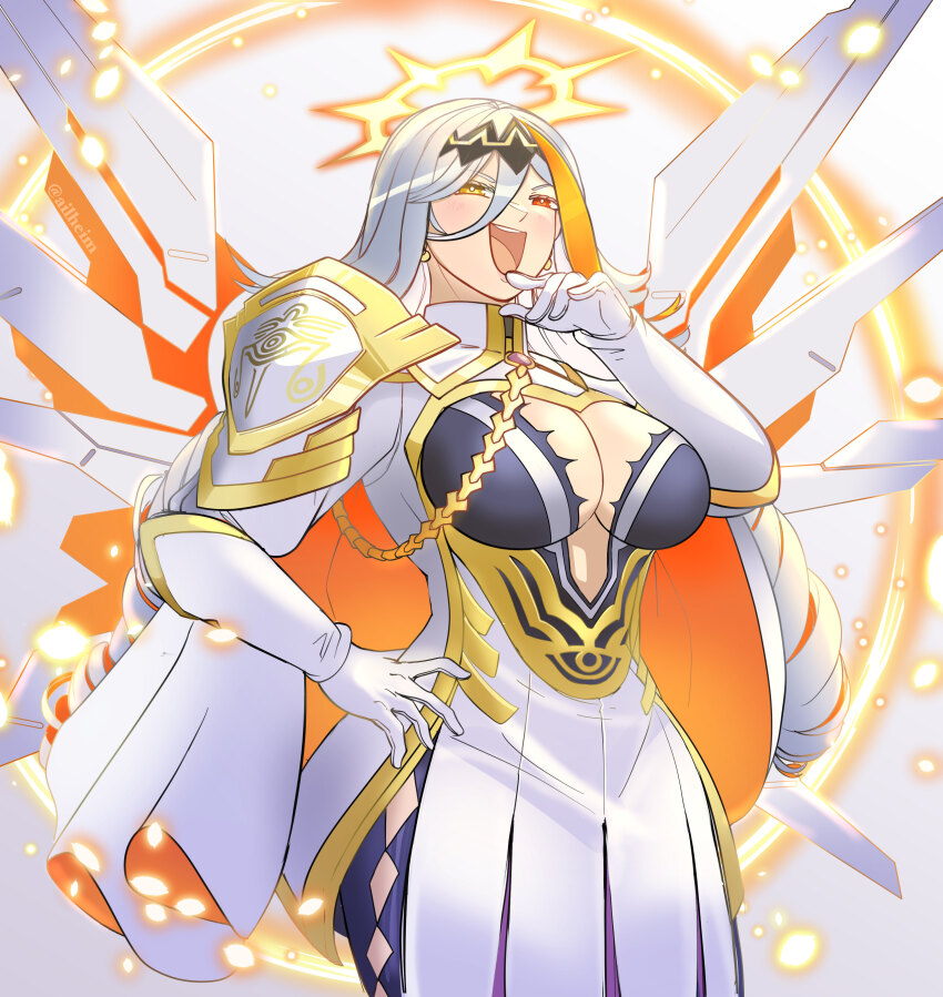 1girl absurdres ailheim armor baldr_(fire_emblem_heroes) blue_bodysuit bodysuit bodysuit_under_clothes breasts cape cleavage cleavage_cutout clothing_cutout diamond_cutout dress earrings eyebrows_hidden_by_hair fire_emblem fire_emblem_heroes gloves gold_trim hair_between_eyes hair_ornament halo hand_on_own_hip heterochromia highres jewelry large_breasts mechanical_wings multicolored_cape multicolored_clothes multicolored_hair nintendo open_mouth pauldrons red_eyes ringlets shoulder_armor simple_background single_pauldron smug solo streaked_hair white_background white_cape white_dress white_gloves white_hair wings yellow_eyes