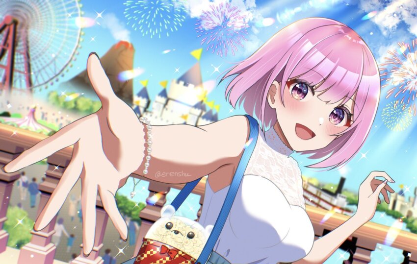 1girl aerial_fireworks amusement_park bag blurry blurry_background bracelet breasts castle chinatsu_misaki_(vtuber) cloud commission erenshu ferris_wheel fireworks handbag indie_virtual_youtuber jewelry open_mouth pink_hair purple_eyes railing reaching reaching_towards_viewer shirt short_hair skeb_commission sky sleeveless sleeveless_shirt solo sparkle twitter_username upper_body virtual_youtuber