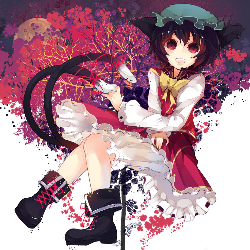 1girl :d animal_ears bloomers cat_ears cat_tail chen dress female_focus highres knees_together_feet_apart long_sleeves looking_at_viewer multiple_tails nekomata open_mouth rain_lan red_dress short_hair smile solo tail touhou two_tails underwear