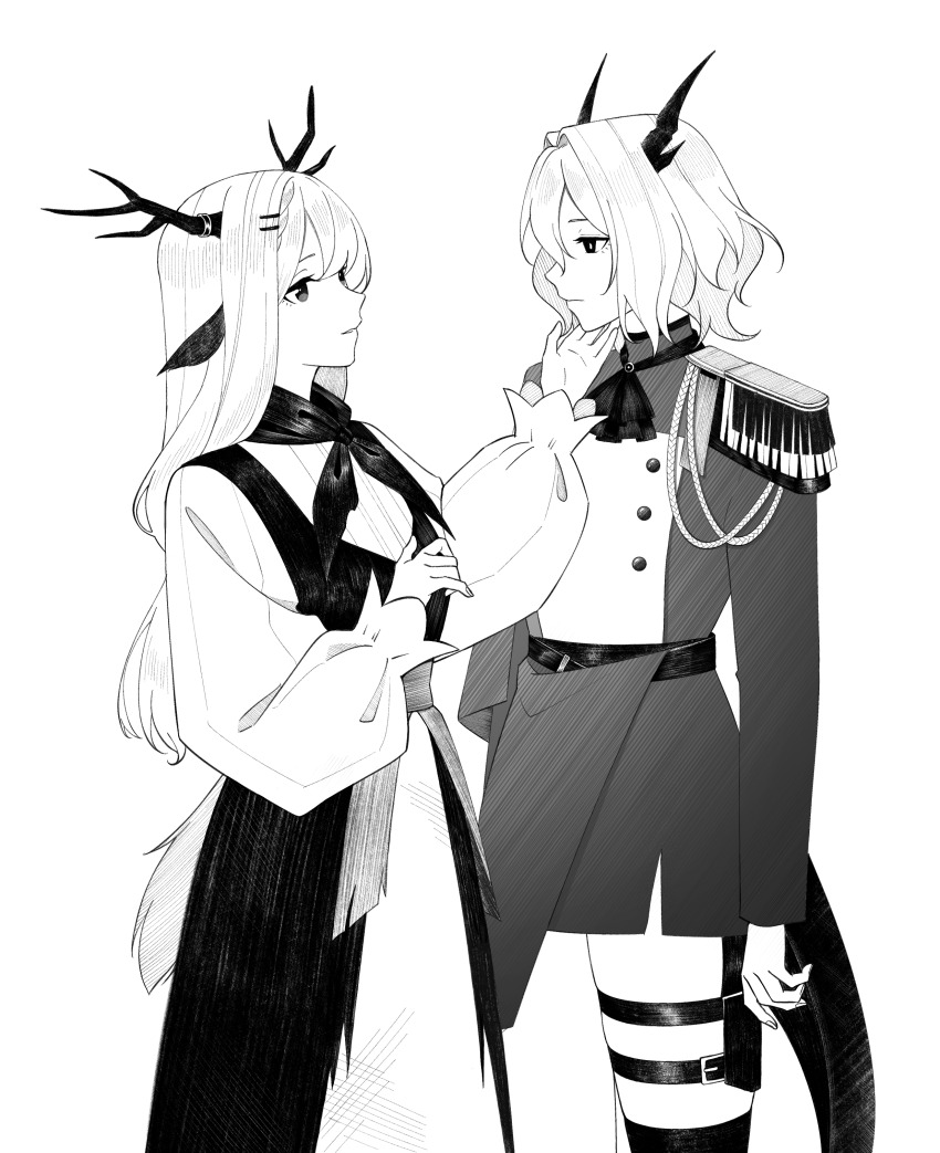 2girls absurdres alina_(arknights) animal_ears antlers arknights ascot avi_(baltika_seven) cowboy_shot deer_antlers deer_ears deer_girl deer_tail dragon_girl dragon_horns dragon_tail dress epaulettes greyscale hair_ornament hairclip hand_on_another&#039;s_chin highres horns long_hair long_sleeves monochrome multiple_girls neckerchief official_alternate_costume pinafore_dress short_hair simple_background sleeveless sleeveless_dress tail talulah_(arknights) talulah_the_fighter_(arknights) thigh_strap very_long_hair white_background