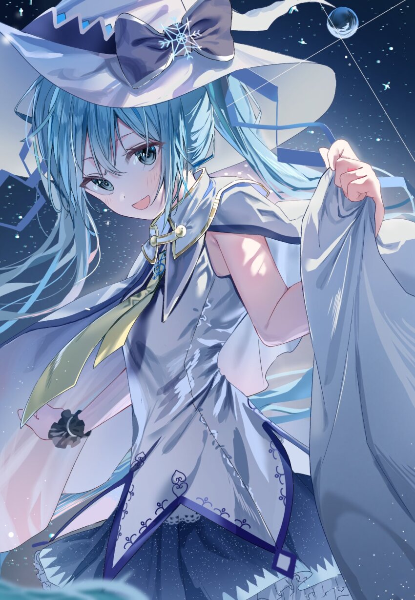 1girl bare_arms blue_eyes blue_hair blue_ribbon blue_skirt bow cloak cowboy_shot hair_bow hair_ornament hair_ribbon hat hat_bow hat_ornament hatsune_miku highres large_hat long_hair looking_at_viewer making-of_available necktie open_mouth pikusu pleated_skirt ribbon shirt skirt sky sleeveless sleeveless_shirt smile snowflake_hair_ornament snowflake_hat_ornament snowflake_print snowflakes solo star_(sky) star_(symbol) starry_sky starry_sky_background treble_clef vocaloid white_cloak white_hat white_shirt witch_hat wrist_cuffs yellow_necktie yuki_miku yuki_miku_(2014)