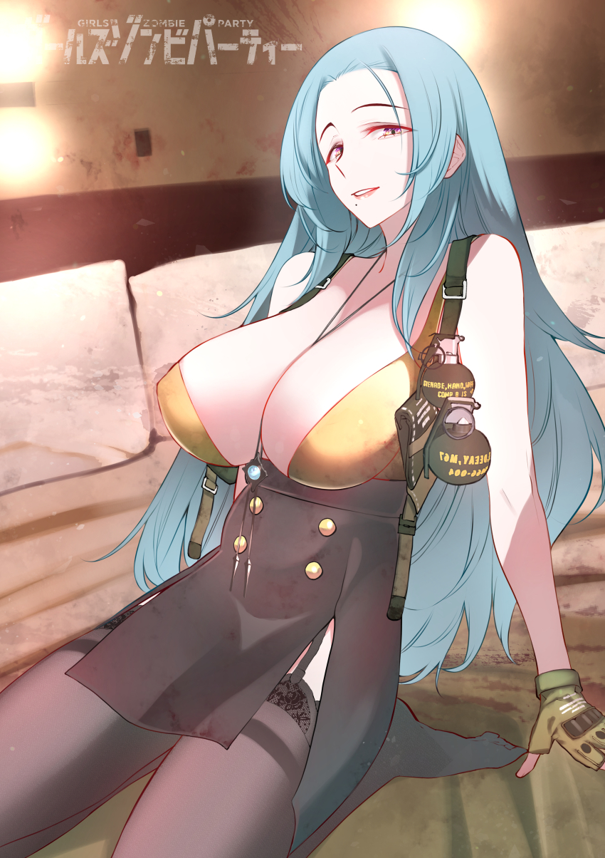 1girl absurdres bare_shoulders bed breasts cleavage fingerless_gloves forehead garter_straps girls_zombie_party gloves gradient_eyes green_hair highres kojima_takeshi large_breasts long_hair looking_at_viewer mature_female mole mole_under_mouth multicolored_eyes original pillow skirt sleeveless solo tank_top thighhighs