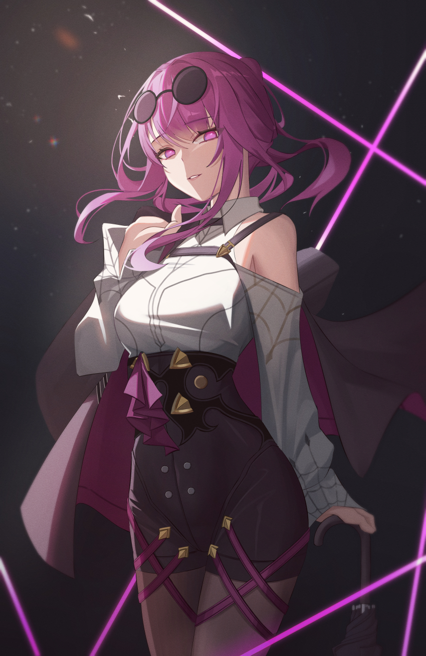 1girl absurdres bare_shoulders black_background breasts collared_shirt eyewear_on_head highres honkai:_star_rail honkai_(series) kafka_(honkai:_star_rail) large_breasts long_sleeves looking_at_viewer medium_hair off_shoulder parted_lips purple_eyes purple_hair shirt smile solo thighs toki88909 umbrella