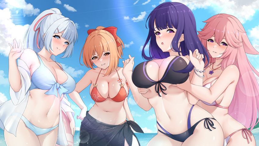 4girls :o alpha_zwei alternate_costume ayaka_(genshin_impact) bare_shoulders bikini black_bikini black_panties black_sarong blue_bikini blue_eyes blue_pants blue_sky blush bow bracelet breasts check_commentary chest_tattoo cleavage cloud commentary_request cowboy_shot day fingernails flower_tattoo genshin_impact grabbing_another&#039;s_breast groping hair_between_eyes hair_bow hand_on_own_hip hand_up hands_up high_ponytail highres jewelry large_breasts long_hair looking_at_viewer medium_breasts multiple_girls navel necklace off_shoulder open_clothes open_shirt orange_eyes orange_hair outdoors panties pants parted_lips pearl_bracelet pink_hair purple_eyes purple_hair raiden_shogun red_bikini red_bow sarong shirt sideboob sky smile stomach sunlight swimsuit tattoo teeth underwear very_long_hair white_bikini white_hair white_panties white_shirt yae_miko yoimiya_(genshin_impact)