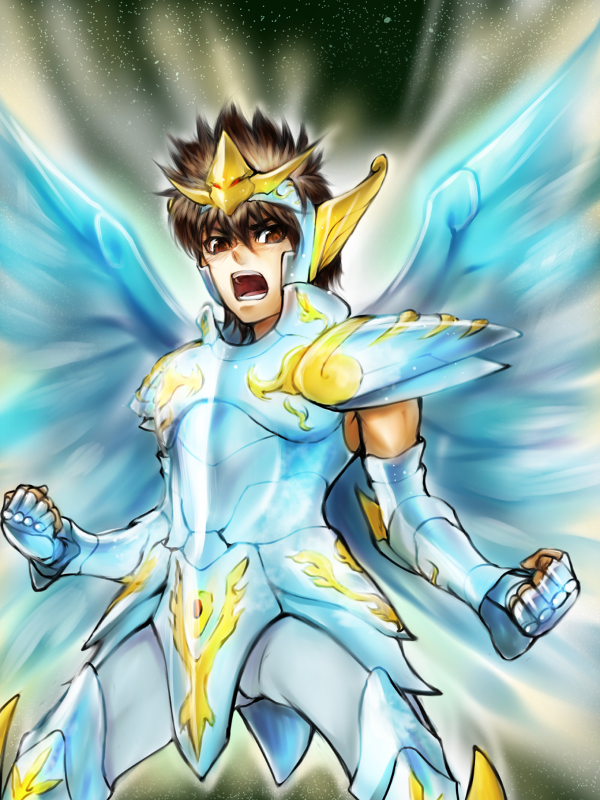 1boy armor brown_eyes brown_hair full_armor gauntlets highres open_mouth pants pauldrons pegasus_seiya rikune saint_seiya short_hair shoulder_armor tiara wings