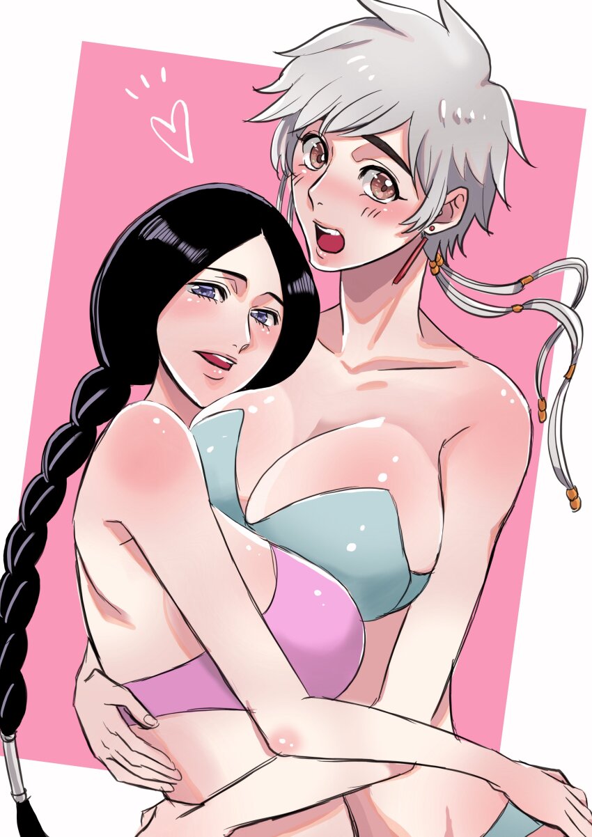 2girls absurdres anno_im bare_shoulders black_hair bleach braid breasts collarbone highres huge_breasts kotetsu_isane large_breasts long_hair looking_at_viewer multiple_girls purple_eyes short_hair unohana_retsu white_hair yuri