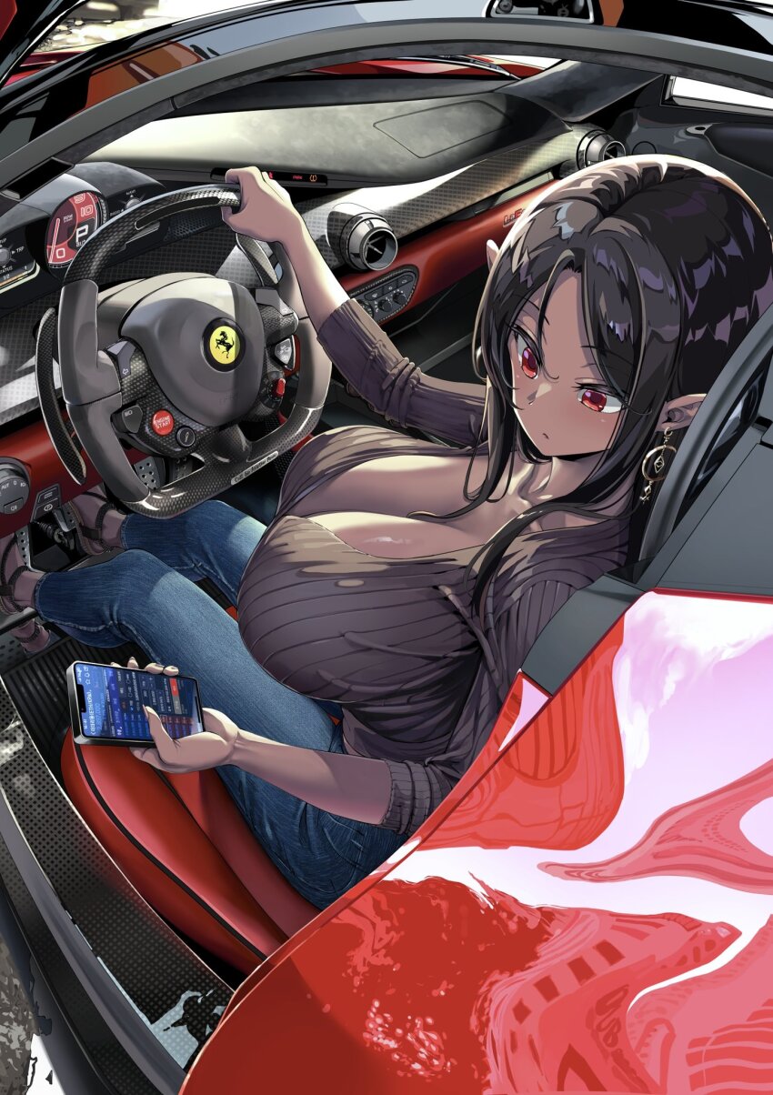 1girl black_hair breasts cat cellphone cleavage dark-skinned_female dark_skin denim elf huge_breasts jeans large_breasts long_hair miyu_(miyu_heuung) original pants phone pointy_ears red_eyes serious shoes solo sweater vehicle