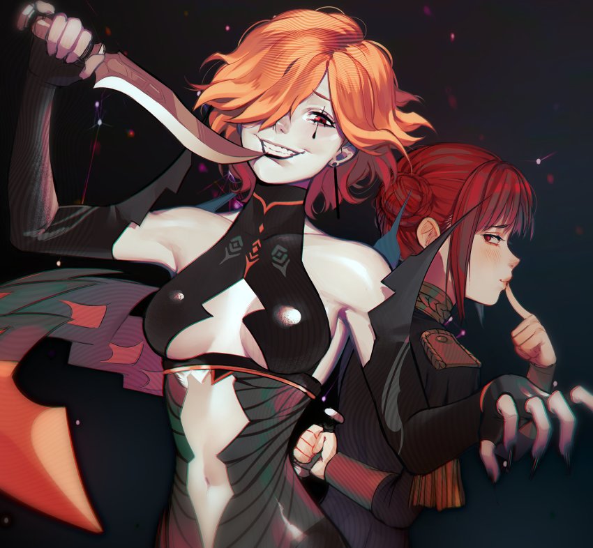 2girls absurdres black_dress black_gloves black_jacket black_lips breasts clothing_cutout dagger double_bun dress elbow_gloves epaulettes finger_to_mouth fingerless_gloves fire_emblem fire_emblem:_three_houses gloves grin hair_bun hair_over_one_eye hand_up highres holding holding_dagger holding_knife holding_weapon jacket knife kronya_(fire_emblem) lavelis lipstick long_sleeves makeup medium_breasts monica_von_ochs multiple_girls navel navel_cutout nintendo one_eye_covered orange_hair red_eyes red_hair sideways_glance smile underboob underboob_cutout weapon