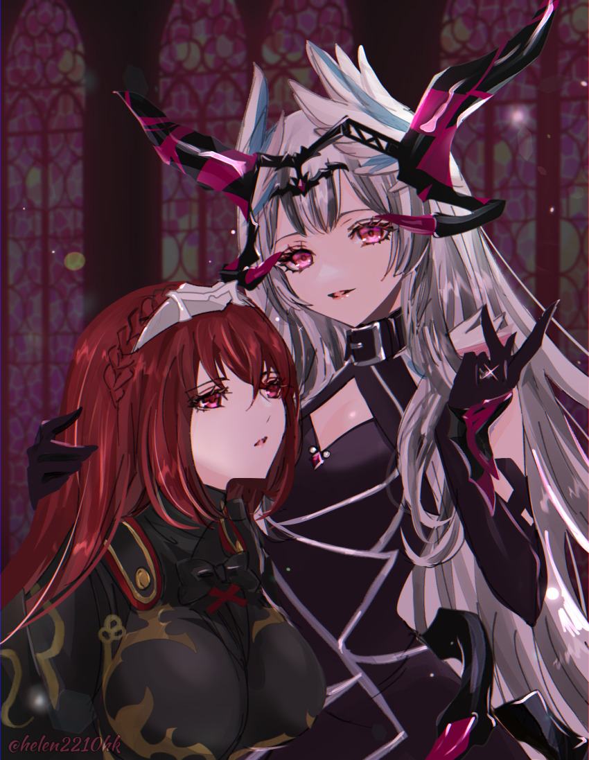 2girls alear_(female)_(fire_emblem) alear_(fire_emblem) bad_end black_choker black_dress black_hair breasts choker corruption crown dark_background dark_persona demon_horns dress expressionless feathered_wings feathers fire_emblem fire_emblem_engage helen_(helen2210hk) highres horns indoors jewelry large_breasts long_hair looking_at_viewer mind_control multicolored_hair multiple_girls nintendo red_eyes red_hair ring siblings sisters small_breasts very_long_hair veyle_(evil)_(fire_emblem) veyle_(fell_successor)_(fire_emblem) veyle_(fire_emblem) white_hair wings