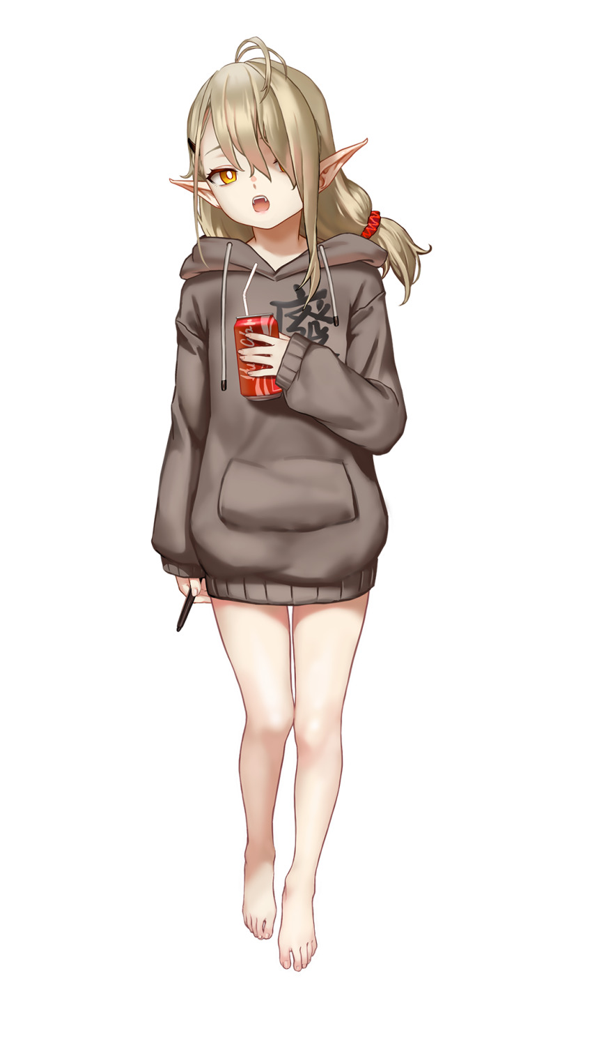 1girl antenna_hair as109 asymmetrical_bangs bare_legs barefoot bright_pupils brown_hair fangs full_body hair_ornament hair_scrunchie hairclip highres hood hooded_sweater hoodie indie_virtual_youtuber long_hair long_sleeves looking_at_viewer open_mouth original pointy_ears scrunchie shui_lan_er simple_background single_sidelock sleeves_past_wrists solo standing stylus sweater virtual_youtuber white_background white_pupils yellow_eyes