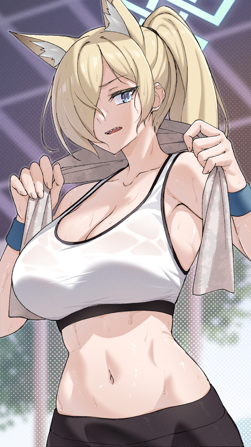 1girl alternate_costume animal_ear_fluff animal_ears bare_shoulders blonde_hair blue_archive blue_eyes blurry blurry_background blush breasts highres holding holding_towel kanna_(blue_archive) large_breasts looking_at_viewer midriff mzrz navel open_mouth ponytail see-through_clothes see-through_shirt shirt solo sports_bra standing stomach sweat sweaty_clothes towel towel_around_neck wet white_sports_bra wiping_sweat