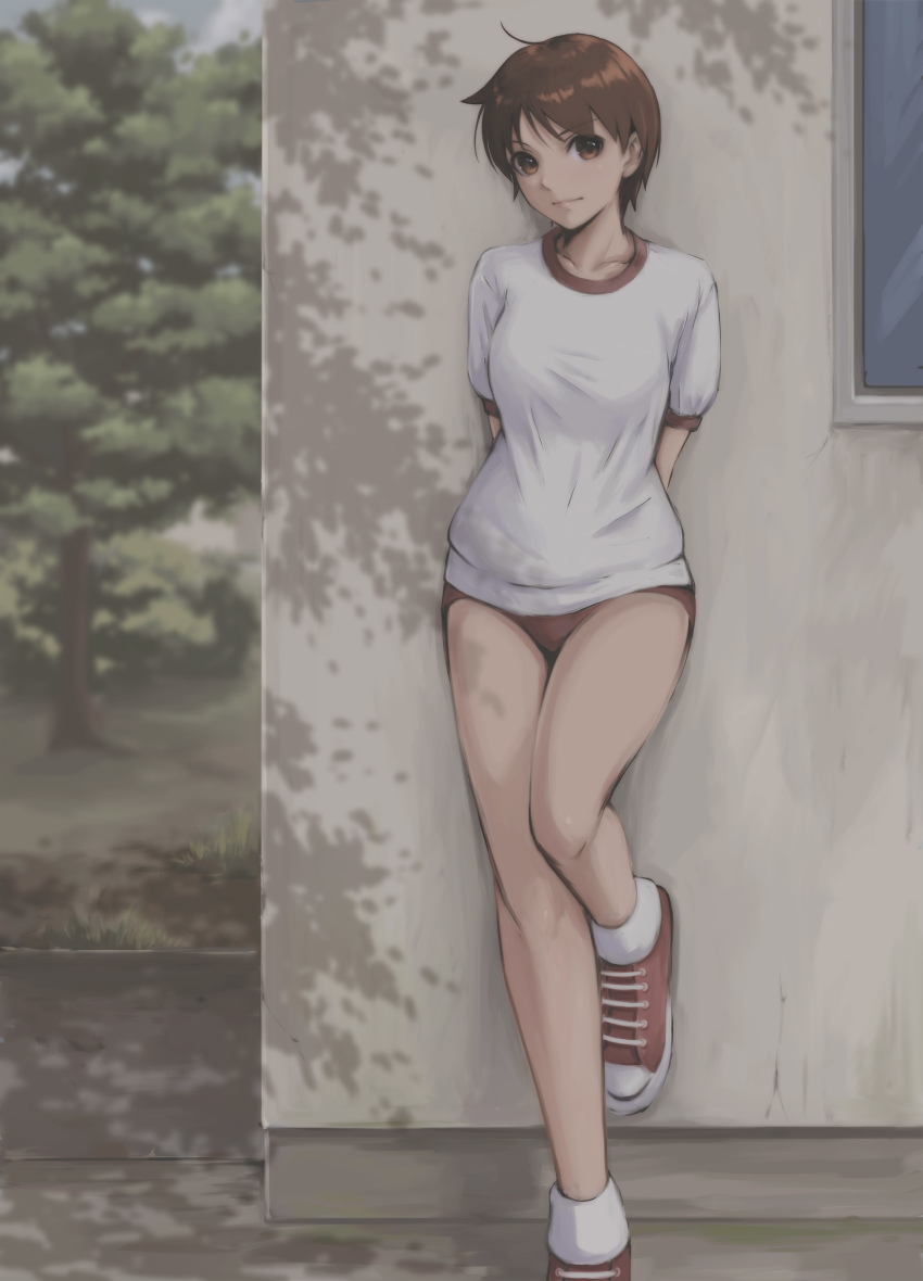 1girl absurdres against_wall arms_behind_back breasts brown_eyes brown_hair buruma closed_mouth collarbone commentary day gym_uniform highres kasugano_sakura leg_up lips looking_at_viewer medium_breasts outdoors red_buruma shadow shoes short_hair short_sleeves simple_background sneakers solo street_fighter street_fighter_zero_(series) thighs tree tyanoki