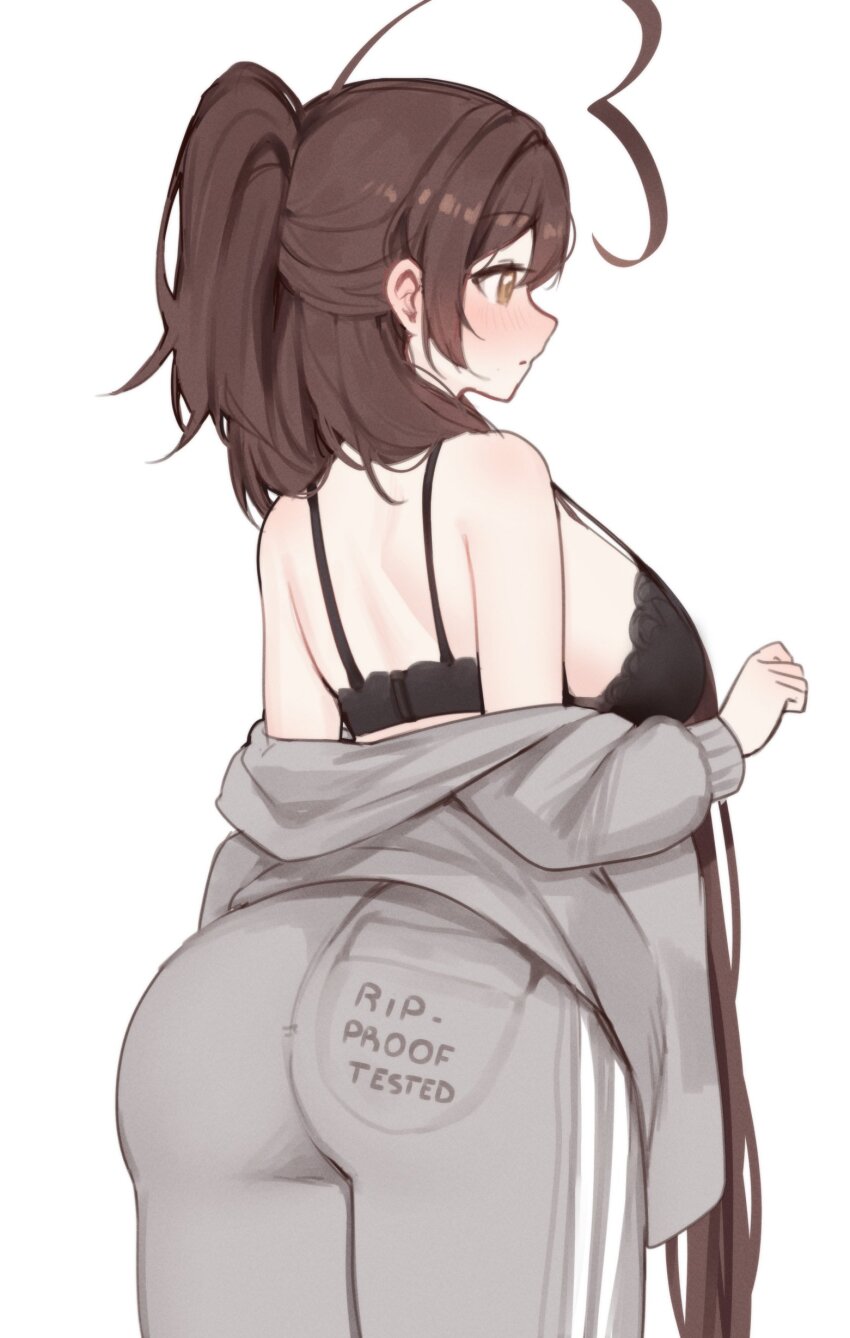 1girl absurdres ahoge ass ass_focus back back_focus bare_shoulders black_bra bra breasts brown_eyes brown_hair english_text grey_jacket grey_pants heart heart_ahoge highres indie_virtual_youtuber jacket lace lace_bra large_breasts long_hair looking_to_the_side off_shoulder pants ponytail profile simple_background sky_above_me sky_above_me_(vtuber) solo sweatpants track_jacket track_suit underwear virtual_youtuber white_background