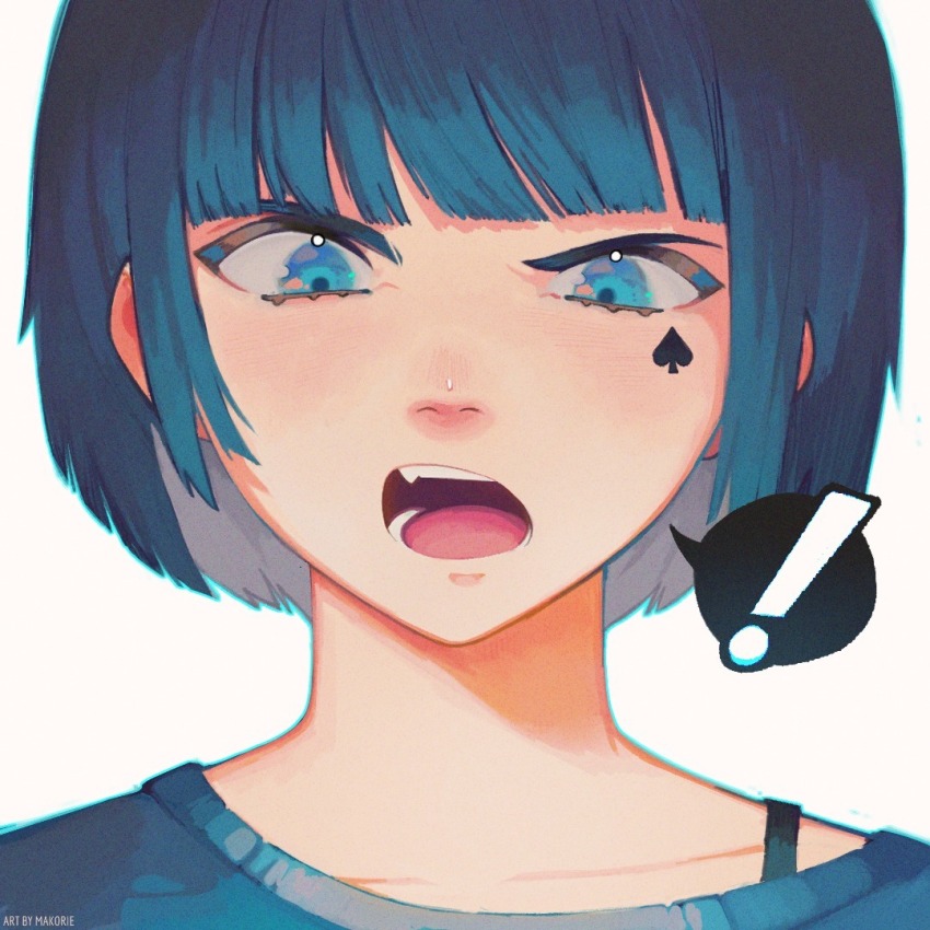 ! 1girl angry blue_eyes blue_hair blue_shirt bug butterfly close-up insect looking_at_viewer makorie open_mouth original portrait shirt simple_background solo speech_bubble striped_clothes striped_shirt tattoo upper_body white_background