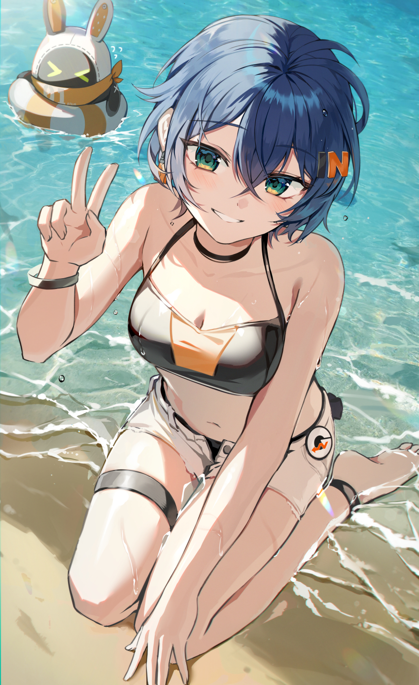 1girl absurdres bangboo_(zenless_zone_zero) barefoot beach belle_(zenless_zone_zero) bikini blue_eyes blue_hair breasts cleavage crossed_bangs eous_(zenless_zone_zero) hair_between_eyes highres looking_at_viewer luzzi_(milllim) medium_breasts navel ocean short_hair shorts soles solo swimsuit toes v white_shorts zenless_zone_zero