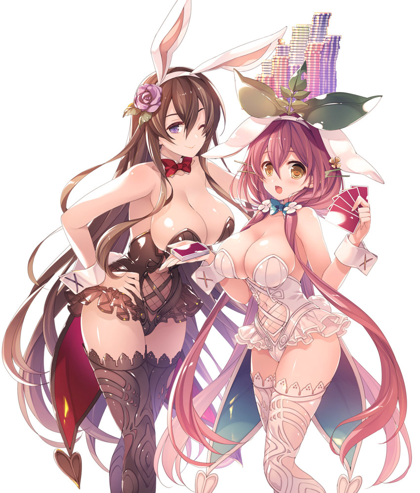 2girls animal_ears bare_shoulders breasts brown_hair card cleavage fake_animal_ears flower granblue_fantasy hair_between_eyes hair_flower hair_ornament highres large_breasts leaf leotard long_hair looking_at_viewer low_twintails mizuno_sao monster_girl multiple_girls navel one_eye_closed pink_hair plant_girl playboy_bunny pointy_ears purple_eyes rabbit_ears rose rosetta_(all_her_jazz)_(granblue_fantasy) rosetta_(granblue_fantasy) smile thighhighs twintails very_long_hair yggdrasil_(granblue_fantasy)