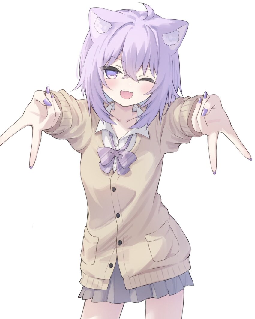 1girl ahoge alternate_costume animal_ear_fluff animal_ears blue_skirt blush cat_ears cat_girl fang highres hololive looking_at_viewer nail_polish nekomata_okayu nekomogu_(ch0_s2) one_eye_closed purple_eyes purple_hair purple_nails shirt short_hair skin_fang skirt smile solo virtual_youtuber white_shirt