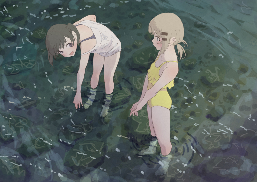 2girls bare_shoulders barefoot black_hair blush collarbone commentary green_eyes grey_eyes hair_ornament hairclip highres kuraue_hinata light_brown_hair multiple_girls one-piece_swimsuit open_mouth outdoors own_hands_together oze_(xyz_go_go11) shirt short_hair short_twintails spaghetti_strap standing stream swimsuit twintails wading white_shirt yama_no_susume yellow_one-piece_swimsuit yukimura_aoi