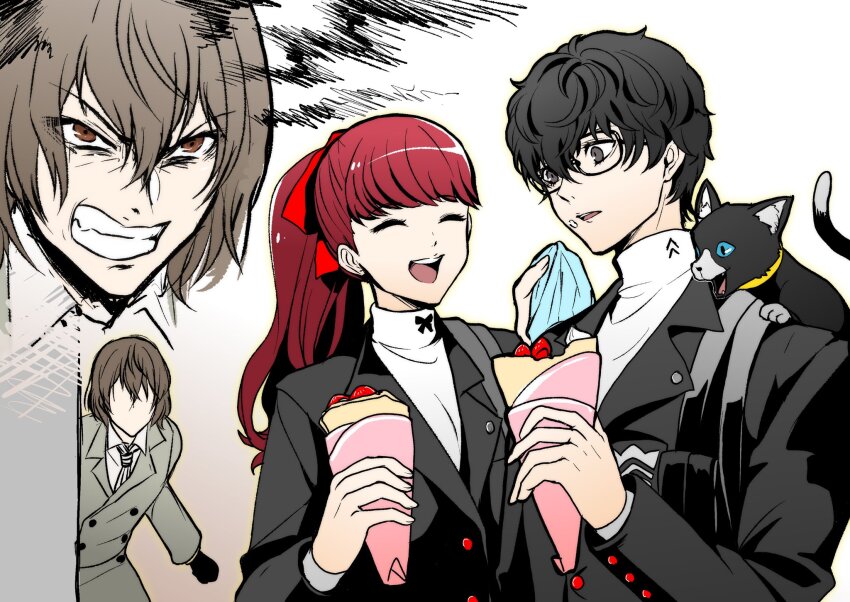 1girl 2boys akechi_gorou amamiya_ren bag black_cat black_eyes black_hair black_jacket blue_eyes brown_eyes brown_hair cat clenched_teeth closed_eyes crepe food food_on_face glasses highres holding holding_food igusaharu jacket jealous long_hair morgana_(persona_5) multiple_boys multiple_views open_mouth persona persona_5 persona_5_the_royal ponytail red_hair school_uniform shuujin_academy_school_uniform simple_background teeth yoshizawa_kasumi