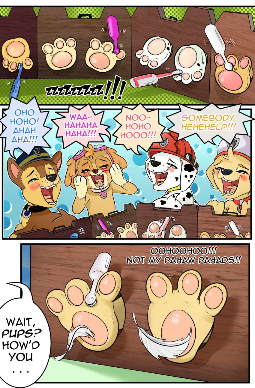 absurdres chase_(paw_patrol) dog electric_toothbrush english_text highres marshall_(paw_patrol) paw_patrol skye_(paw_patrol) tagme tickling toothbrush