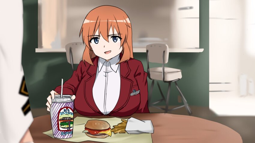 2girls breasts burger chain charlotte_e._yeager cup disposable_cup food french_fries highres holding indoors jacket large_breasts long_hair looking_at_another military military_uniform multiple_girls orange_hair out_of_frame red_jacket sakamoto_mio sitting strike_witches table white_jacket world_witches_series yohijikon