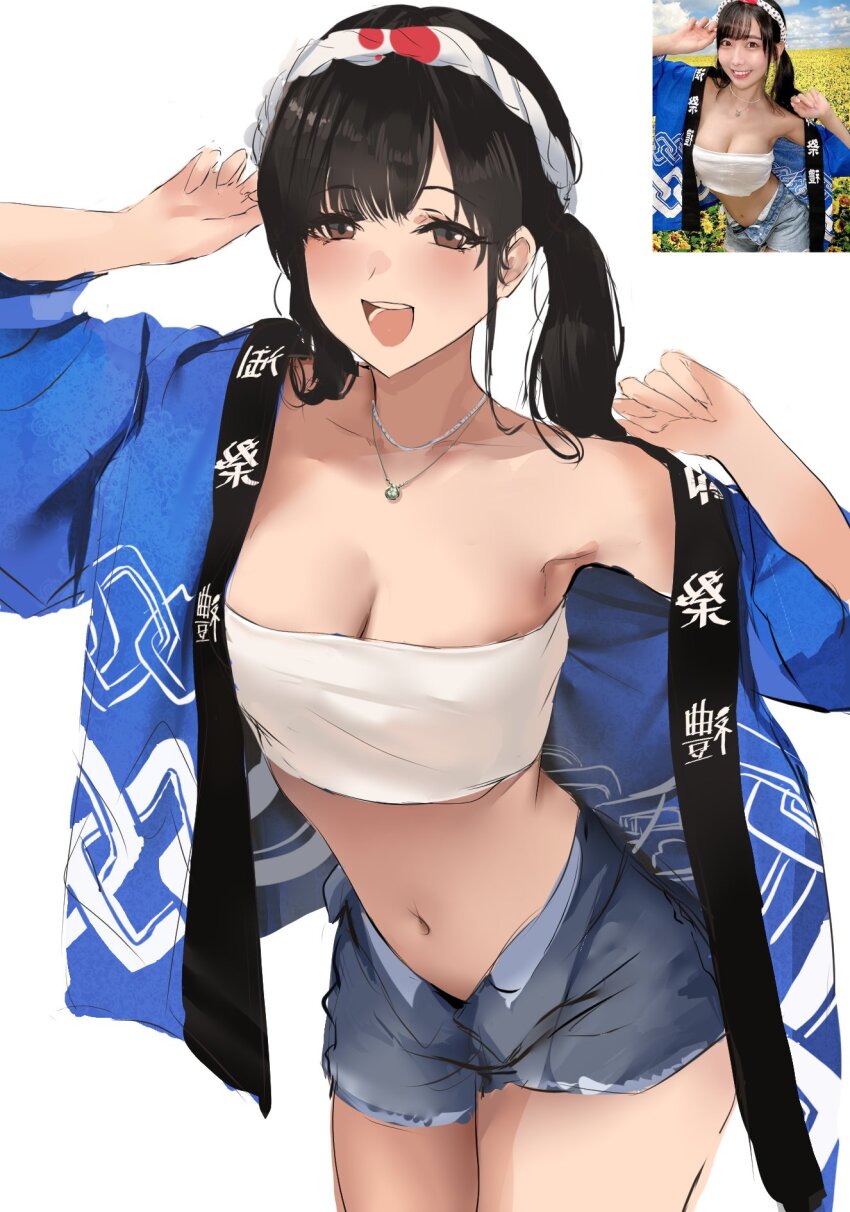 1girl abs arms_up black_eyes black_hair breasts character_request cleavage highres japanese_clothes large_breasts liaowen long_hair looking_at_viewer open_mouth original photo_(object) short_hair simple_background smile solo twintails white_background