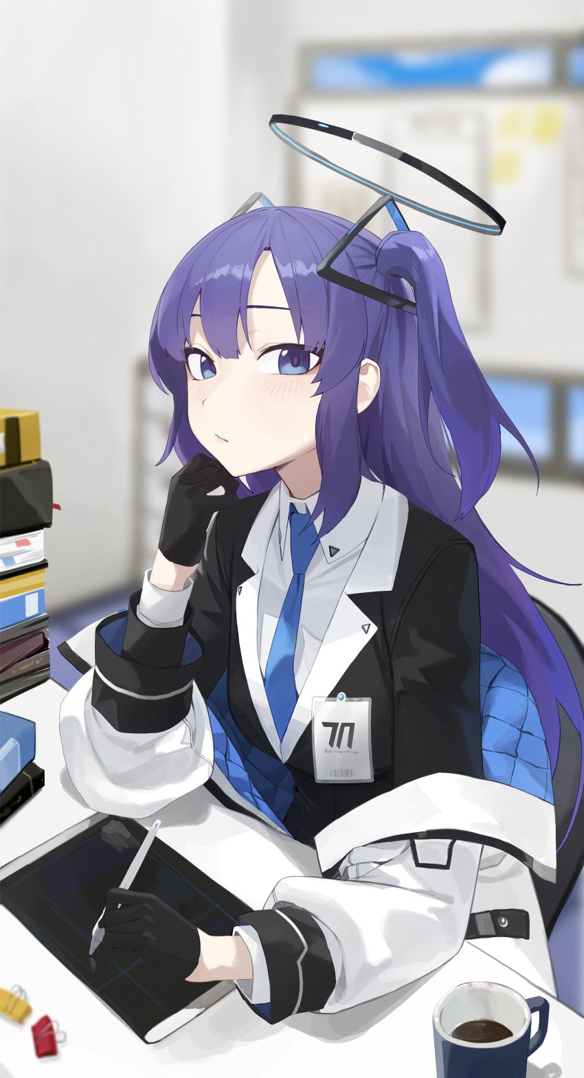 1girl absurdres binder_clip black_gloves black_jacket blue_archive blue_necktie blurry blurry_background blush chair closed_mouth coat coffee collared_shirt cup desk disposable_coffee_cup disposable_cup gloves halo highres indoors jacket long_hair long_sleeves looking_at_viewer necktie official_art purple_eyes purple_hair shirt sidelocks sitting so_shio solo stylus two_side_up white_coat white_shirt yuuka_(blue_archive)