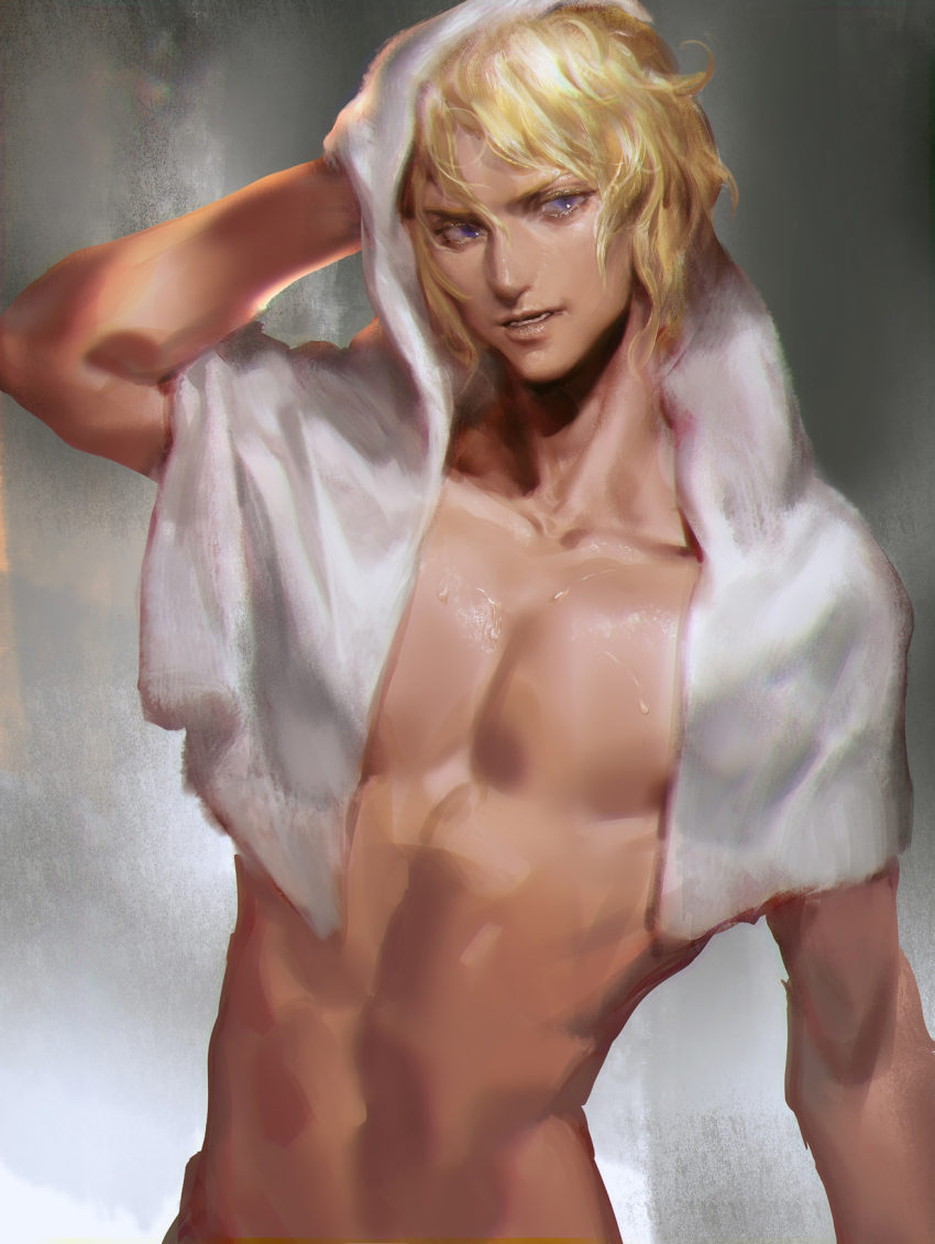 1boy blonde_hair blue_eyes char_aznable drying drying_hair gundam hangleing highres looking_at_viewer male_focus mobile_suit_gundam navel open_mouth short_hair toned toned_male topless_male towel towel_around_neck towel_on_head upper_body wet wet_hair