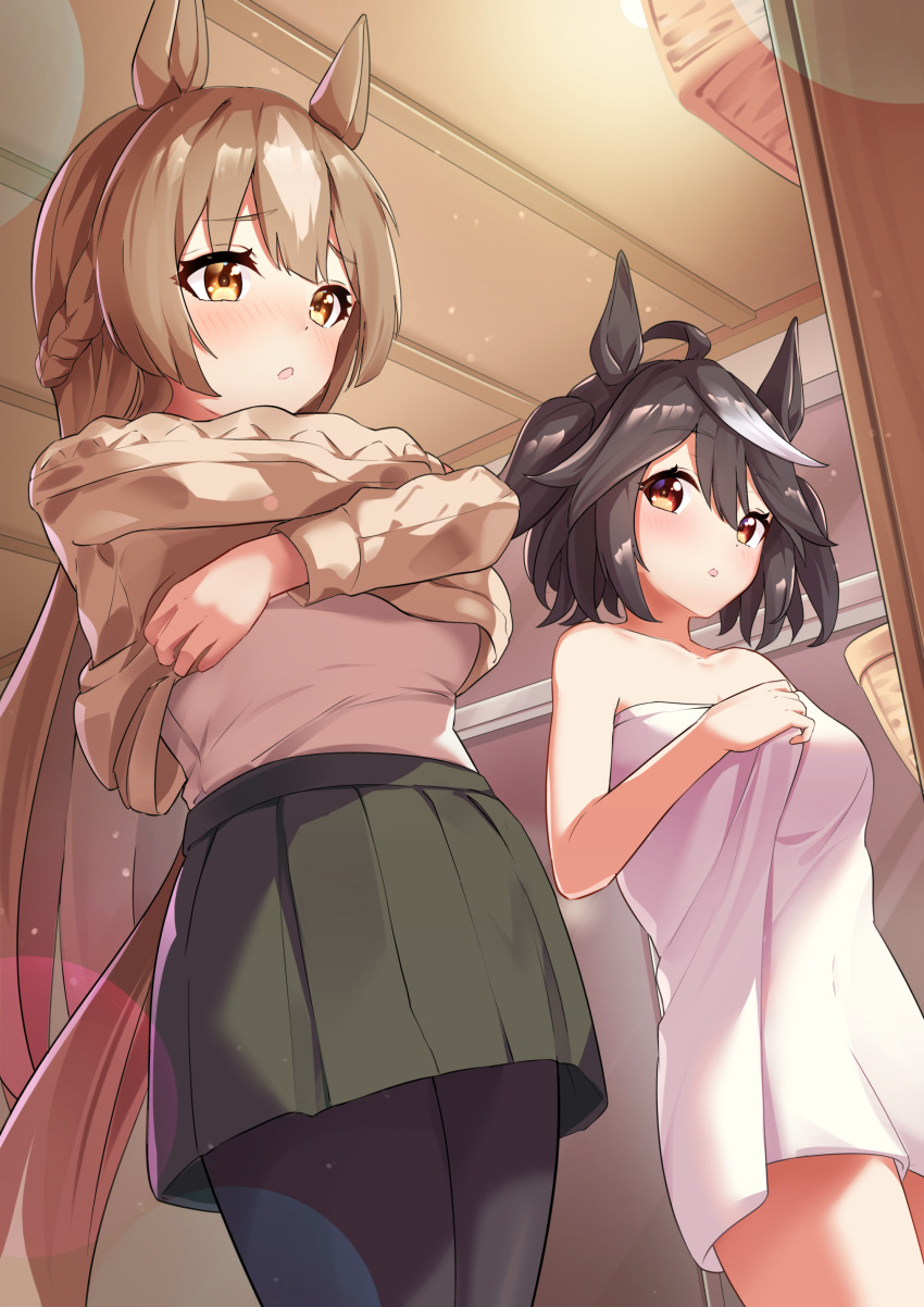 2girls :o absurdres black_hair black_pantyhose blush brown_eyes brown_hair commentary_request green_skirt highres horse_girl indoors kitasan_black_(umamusume) long_hair looking_at_another multicolored_hair multiple_girls naked_towel pantyhose pleated_skirt red_eyes satono_diamond_(umamusume) skirt streaked_hair sunny_(20597521) sweater towel umamusume undressing white_hair