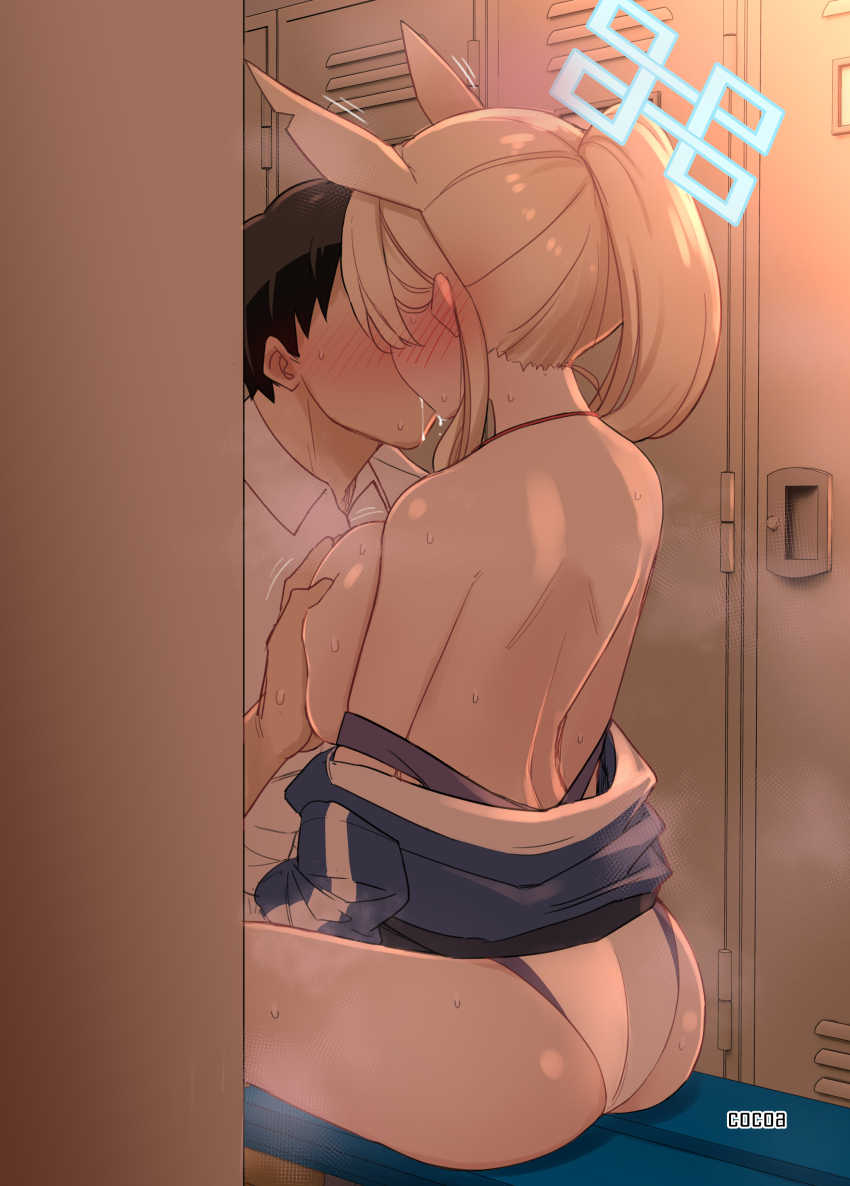 1boy 1girl absurdres animal_ears artist_name ass black_hair blonde_hair blue_archive blue_halo blue_jacket breasts cocoaco22 dog_ears grabbing grabbing_another&#039;s_breast halo hetero highres indoors jacket kanna_(blue_archive) kanna_(swimsuit)_(blue_archive) kiss large_breasts long_hair long_sleeves open_clothes open_jacket ponytail saliva saliva_trail short_hair signature sitting