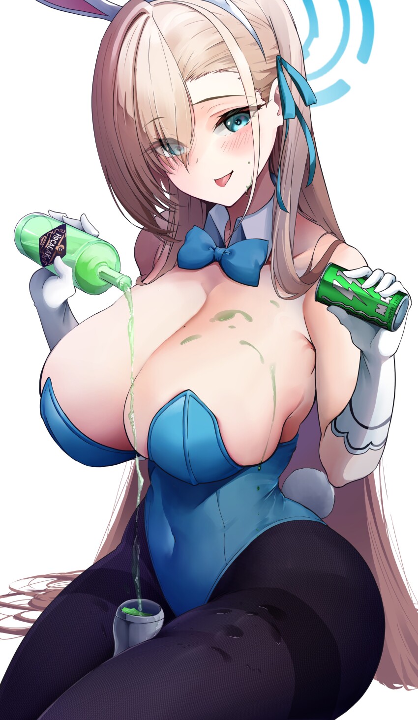 1girl absurdres animal_ears asuna_(blue_archive) asuna_(bunny)_(blue_archive) bare_shoulders black_pantyhose blue_archive blue_bow blue_bowtie blue_eyes blue_halo blue_leotard blush bottle bow bowtie breasts can cleavage detached_collar energy_drink eyes_visible_through_hair fake_animal_ears hair_over_one_eye halo highleg highleg_leotard highres holding holding_bottle holding_can large_breasts leotard light_brown_hair long_hair looking_at_viewer official_alternate_costume pantyhose playboy_bunny pouring pouring_onto_self rabbit_ears rabbit_tail revision sezok simple_background sitting smile solo tail tongue tongue_out very_long_hair white_background