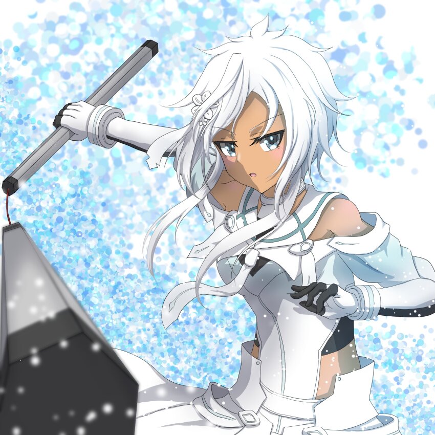 1girl akagi_yutaka bare_shoulders blue_eyes dark-skinned_female dark_skin elbow_gloves gloves hair_ornament highres holding holding_nunchaku holding_weapon kohagura_natsume looking_at_viewer magical_girl nunchaku open_mouth short_hair short_hair_with_long_locks sidelocks solo weapon white_gloves white_hair yuuki_yuuna_wa_yuusha_de_aru yuuki_yuuna_wa_yuusha_de_aru:_hanayui_no_kirameki yuusha_de_aru