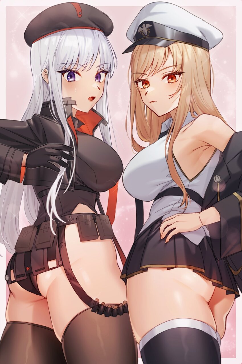 2girls azur_lane belt_pouch commission cosplay costume_switch crossover enterprise_(azur_lane) enterprise_(azur_lane)_(cosplay) from_behind goddess_of_victory:_nikke hat highres ishikawa_yui long_hair looking_at_viewer looking_back maitei_roppa multiple_girls peaked_cap pixiv_commission pouch rapi_(nikke) rapi_(nikke)_(cosplay) thighhighs voice_actor_connection