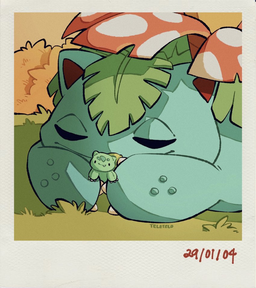 2004 age_progression bulbasaur creatures_(company) hugging_doll closed_eyes flower game_freak gen_1_pokemon highres holding leaf nintendo no_humans hugging_object pokemon pokemon_(creature) signature teletelo venusaur