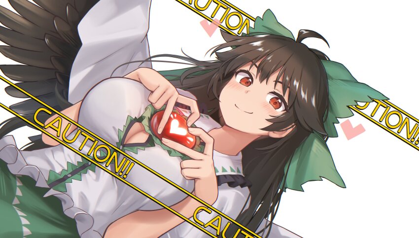 1girl 4-finger_heart_hands absurdres black_wings blush bow breasts brown_hair caution cleavage closed_mouth collared_shirt commentary_request feathered_wings frilled_shirt_collar frills green_bow green_skirt hair_bow heart heart_hands highres large_breasts long_hair looking_at_viewer red_eyes reiuji_utsuho shiratsuki_shiori shirt short_sleeves simple_background skirt smile solo third_eye touhou upper_body white_background white_shirt wings