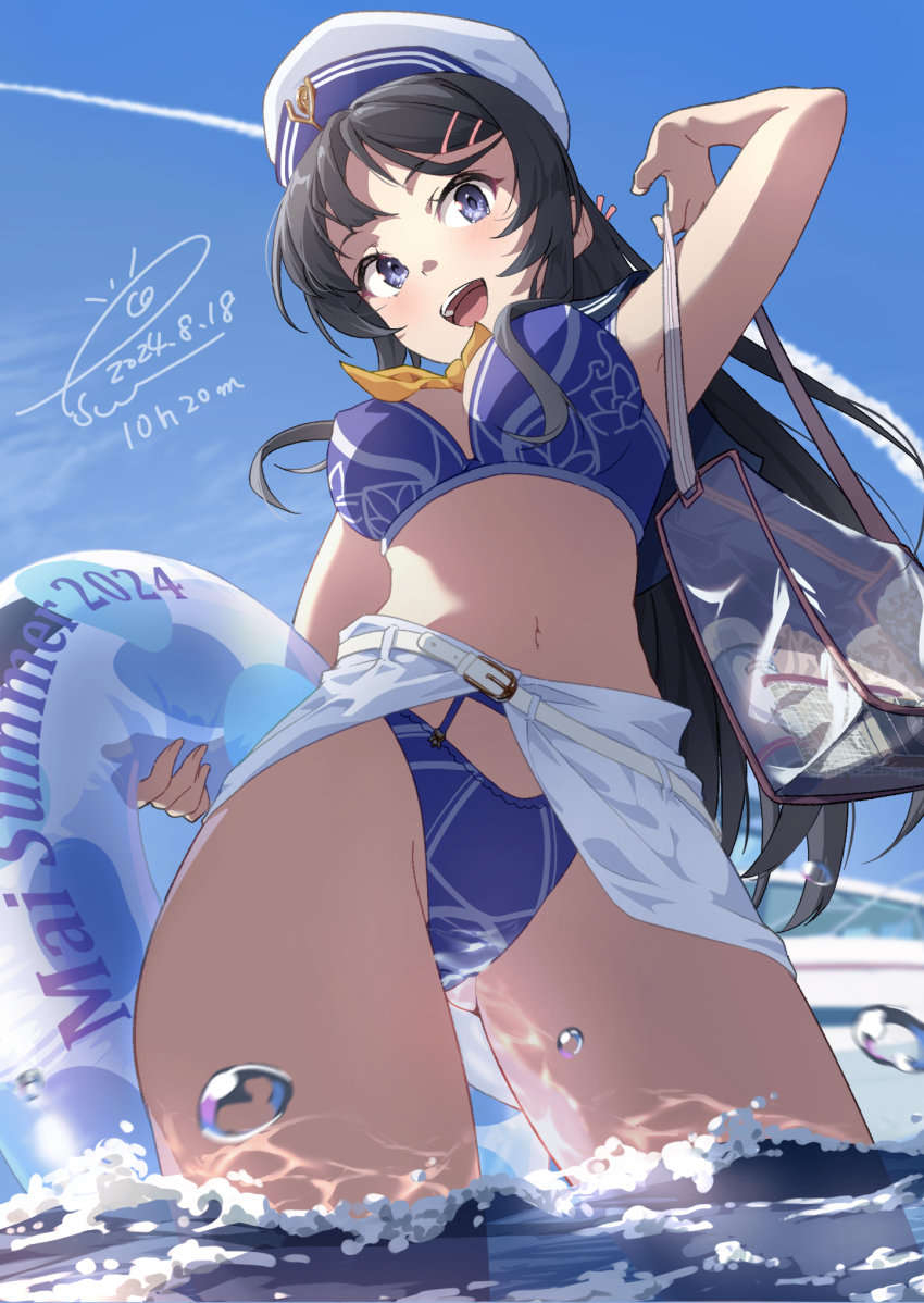 1girl armpit_peek bag belt bikini black_hair blue_bikini blue_eyes blurry blurry_background blush breasts dress esw_artca hair_ornament hairclip happy hat highres holding holding_swim_ring innertube long_hair lotion medium_breasts midriff navel open_mouth rabbit_hair_ornament sailor_dress sailor_hat sakurajima_mai seishun_buta_yarou stomach sunscreen swim_ring swimsuit teeth thighs upper_teeth_only water water_drop white_belt yacht