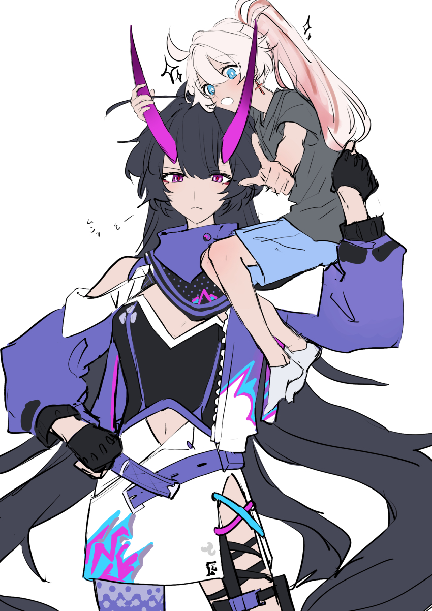 2girls absurdres aged_down ahoge arms_up black_gloves black_shirt blue_eyes blue_hair blunt_bangs carrying carrying_person closed_mouth clothing_cutout couple dress fingerless_gloves gloves hair_between_eyes hand_on_own_hip highres honkai_(series) honkai_impact_3rd horn_grab horns index_finger_raised kiana_kaslana kiana_kaslana_(herrscher_of_flamescion) long_hair looking_at_viewer moonsun77773 multiple_girls navel on_shoulder open_mouth ponytail purple_horns raiden_mei raiden_mei_(herrscher_of_thunder) reaching reaching_towards_viewer shirt shorts simple_background smile socks spoken_sparkle stomach_cutout white_background white_hair white_socks yuri