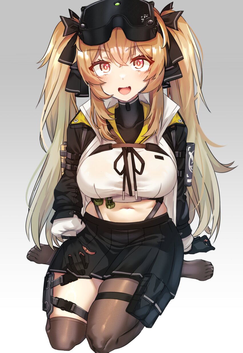 1girl absurdres asymmetrical_legwear black_gloves black_jacket black_ribbon black_skirt black_thighhighs breasts fang feet full_body girls&#039;_frontline girls&#039;_frontline_2:_exilium gloves grey_background hair_ribbon head-mounted_display highres jacket long_hair looking_at_viewer midriff open_mouth orange_hair pleated_skirt pouch red_eyes ribbon sailor_collar shirt skirt smile solo thighhighs tomoru_(tomanvil_3) twintails ump9_(girls&#039;_frontline) uneven_legwear white_shirt yellow_sailor_collar