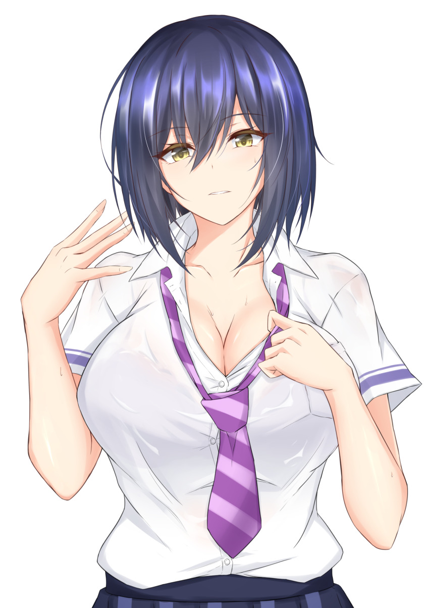 1girl blue_hair breasts cleavage collarbone commentary_request diagonal-striped_clothes diagonal-striped_necktie diagonal-striped_neckwear hair_between_eyes hand_up highres large_breasts looking_at_viewer necktie nijisanji parted_lips purple_necktie shirt shizuka_rin short_hair short_sleeves simple_background solo striped_clothes striped_necktie striped_neckwear upper_body virtual_youtuber watarase_piro white_background white_shirt yellow_eyes