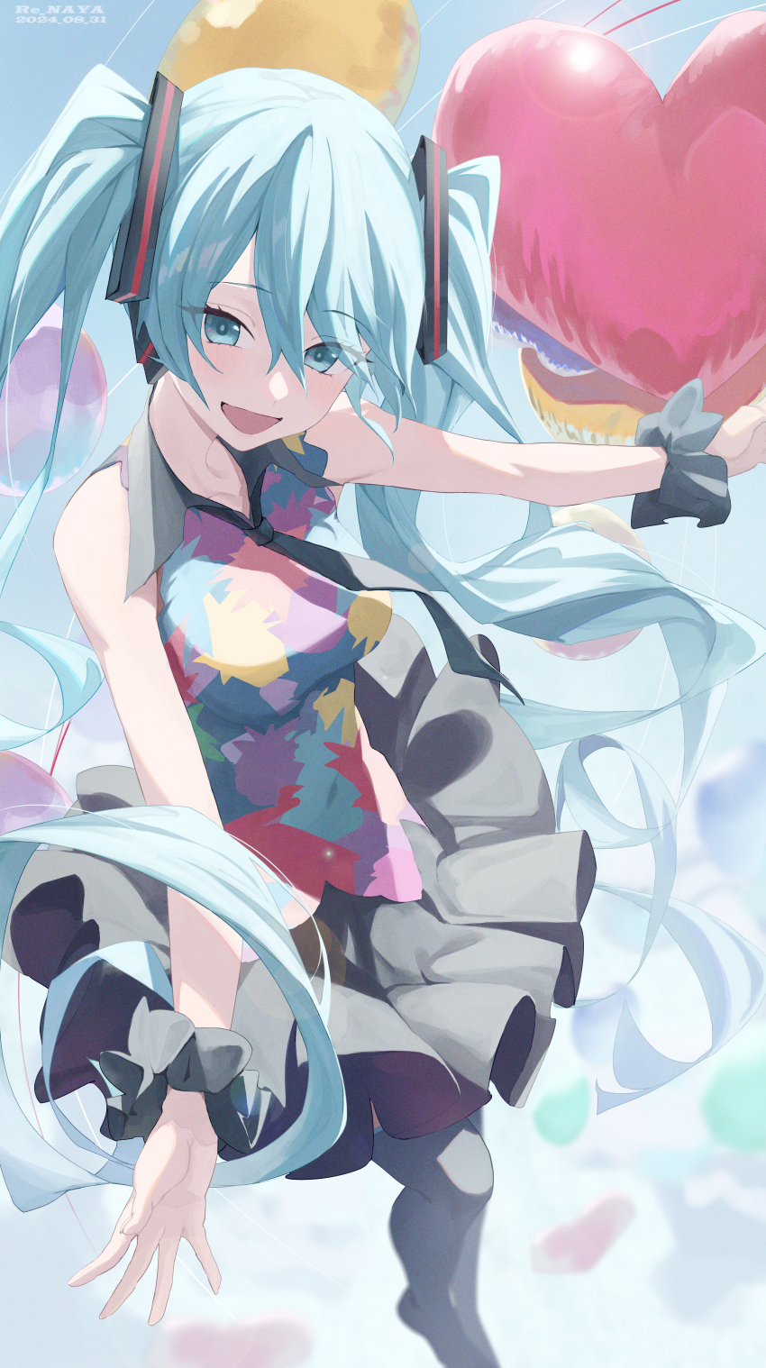 1girl absurdres aqua_eyes aqua_hair balloon bare_arms bare_shoulders black_necktie black_skirt black_thighhighs blurry breasts chinese_commentary commentary_request depth_of_field hair_between_eyes hatsune_miku heart_balloon highres large_breasts long_hair looking_at_viewer multicolored_shirt necktie open_mouth outstretched_arms re_naya revision scrunchie shirt skirt sleeveless sleeveless_shirt smile solo standing tell_your_world_(vocaloid) thighhighs twintails very_long_hair vocaloid wrist_scrunchie