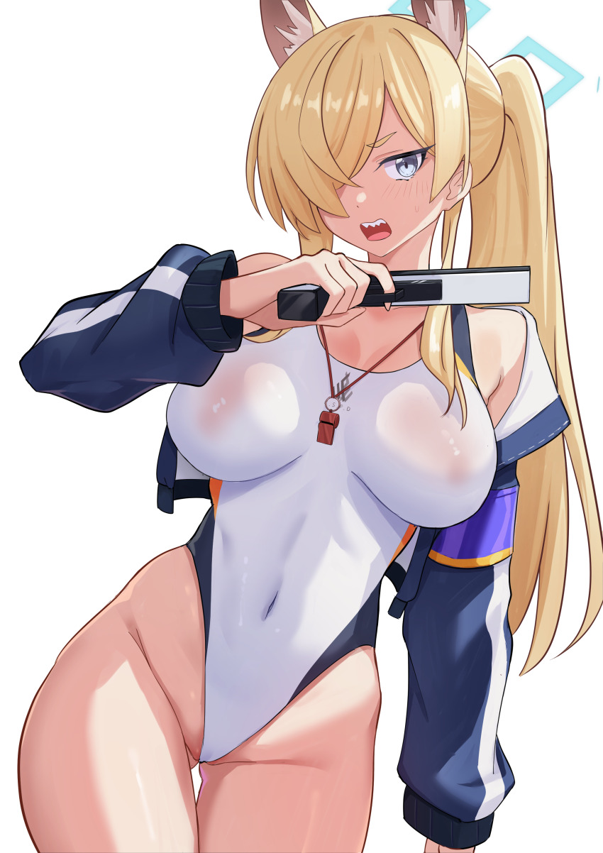 1girl absurdres blonde_hair blue_archive blue_eyes blue_halo blue_jacket blush breasts competition_swimsuit covered_erect_nipples covered_navel cowboy_shot dog hair_over_one_eye halo highres holding jacket kanna_(blue_archive) kanna_(swimsuit)_(blue_archive) large_breasts long_hair long_sleeves looking_at_viewer official_alternate_costume one-piece_swimsuit open_mouth ponytail sharp_teeth simple_background solo swimsuit teeth whistle whistle_around_neck white_background white_one-piece_swimsuit whitek