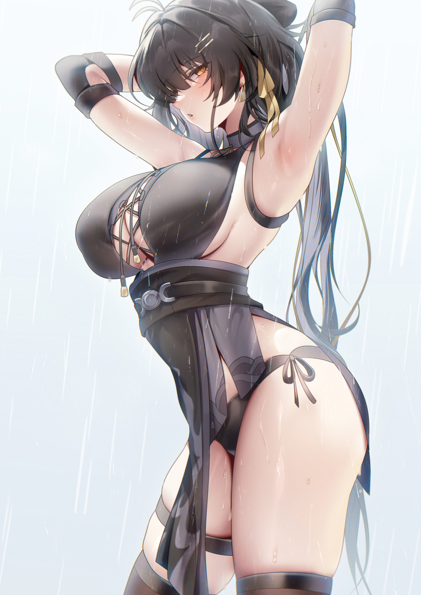 1girl absurdres armpits arms_behind_head black_dress black_hair black_panties blush breasts cowboy_shot cross-laced_clothes cross-laced_dress dress female_rover_(wuthering_waves) highres large_breasts long_hair panties rain rourou_(been) rover_(wuthering_waves) simple_background solo underwear wet white_background wuthering_waves yellow_eyes