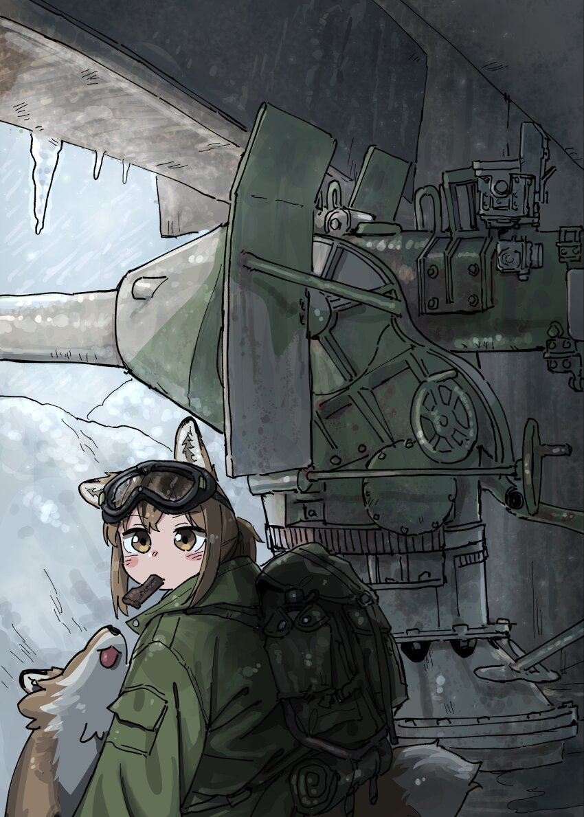 1girl absurdres animal_ears anti-aircraft anti-aircraft_gun backpack bag blush_stickers brown_eyes brown_hair food food_in_mouth fox fox_ears fox_girl fox_girl_(yihan_world) fox_tail goggles goggles_on_head green_jacket highres icicle indoors jacket jerky original ponytail snow snowing solo tail upper_body yihan_world