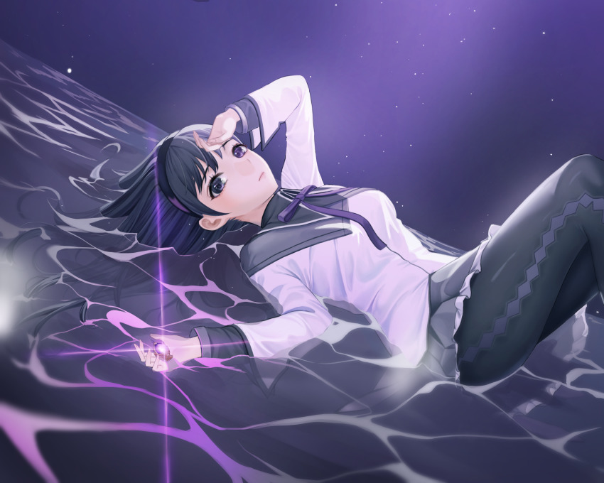 1girl absurdres akemi_homura akemi_homura_(magical_girl) argyle_clothes argyle_pantyhose black_hair black_hairband black_pantyhose blush closed_mouth gani1127 hairband highres long_hair long_sleeves lying mahou_shoujo_madoka_magica mahou_shoujo_madoka_magica_(anime) on_back pantyhose pleated_skirt purple_eyes skirt solo water