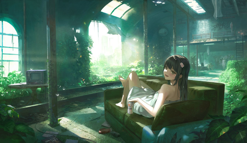 1girl absurdres alcohol beer black_hair window_blinds building couch day flower hair_flower hair_ornament highres ikkia indoors leaf long_hair naked_towel open_mouth original plant potted_plant sapporo_beer scenery sitting smile solo sunlight towel vines white_flower window