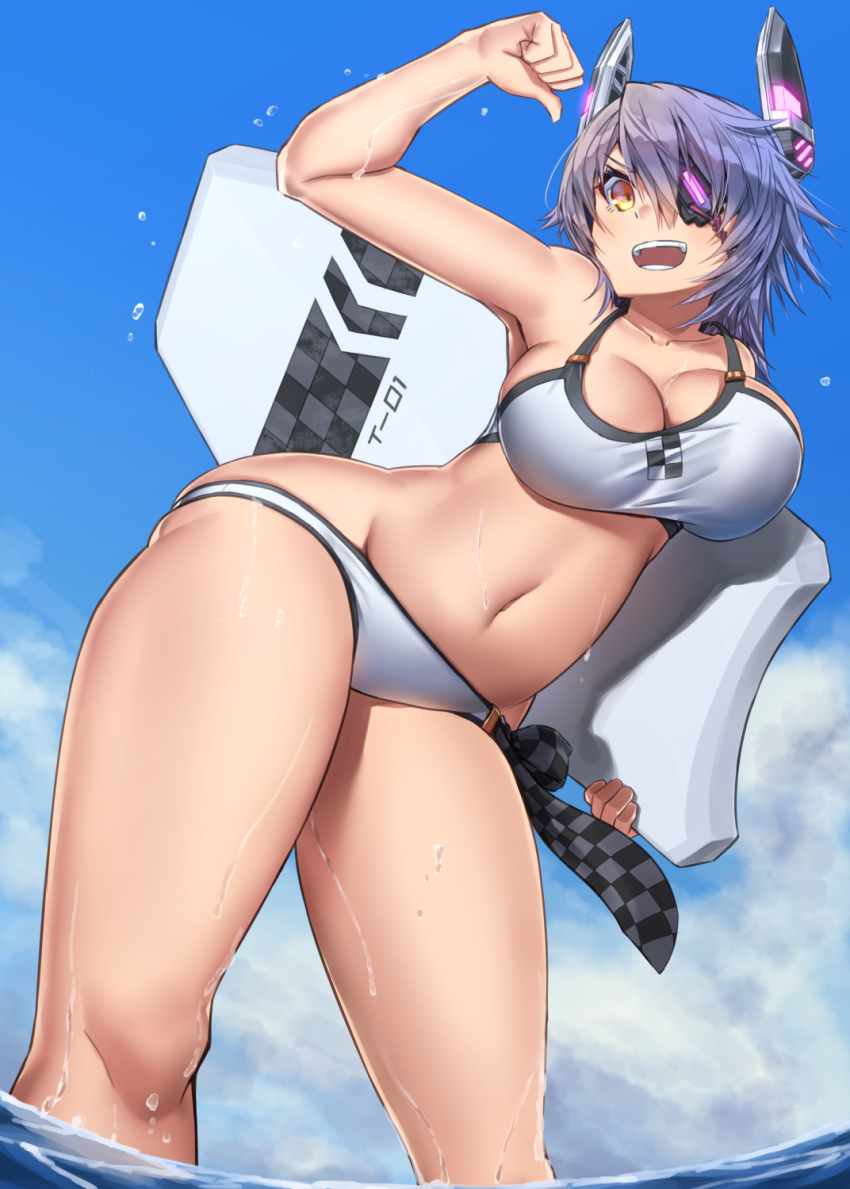 1girl bad_anatomy bare_arms bare_legs bare_shoulders bikini bodyboard breasts brown_eyes cleavage collarbone day eyepatch headgear highres kantai_collection large_breasts navel ocean open_mouth purple_hair short_hair solo swimsuit tenryuu_(kancolle) tenryuu_(swimsuit_mode)_(kancolle) wet white_bikini zombie_mogura